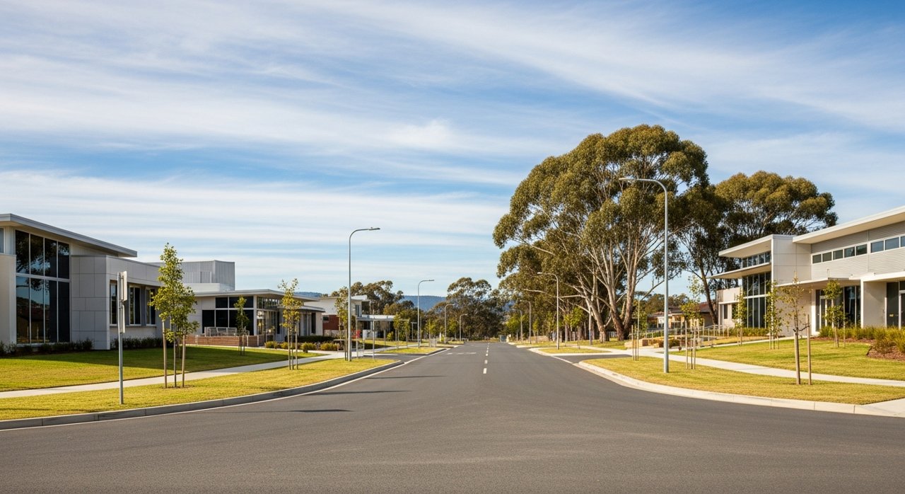 a modern Tasmanian suburban civic streetscape on Hobart's Eastern Shore, daytime, no identifiable people