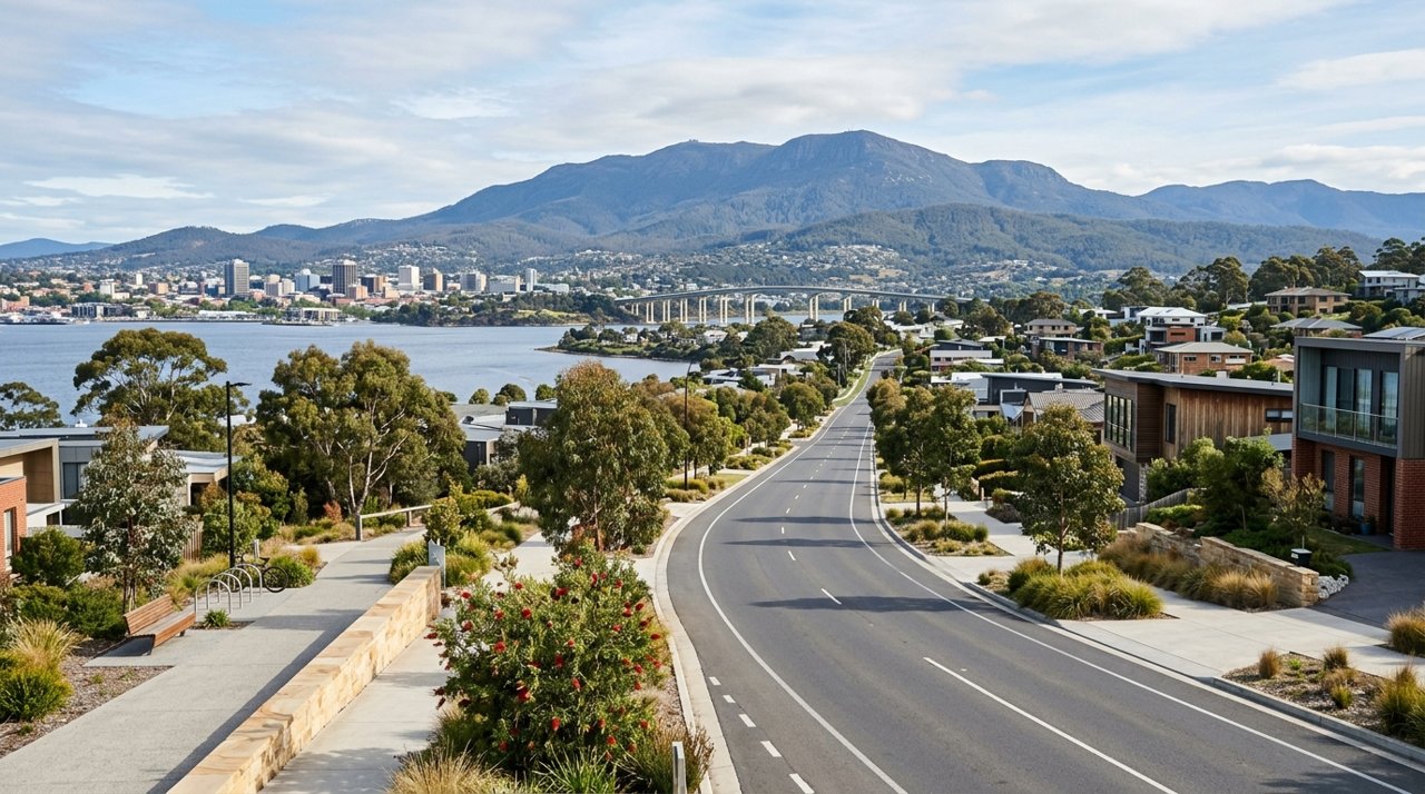 a modern Tasmanian suburban civic streetscape on Hobart's Eastern Shore, daytime, no identifiable people