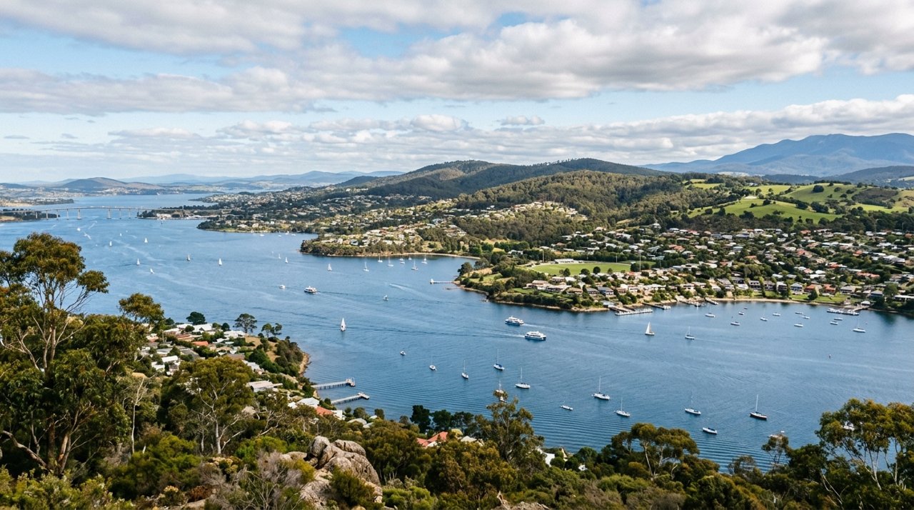 a scenic view of the River Derwent estuary and Hobart's Eastern Shore, Tasmania