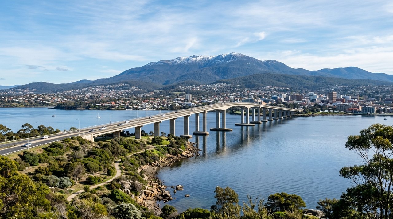 the Tasman Bridge spanning the River Derwent at Hobart on a clear day, wide shot, no people
