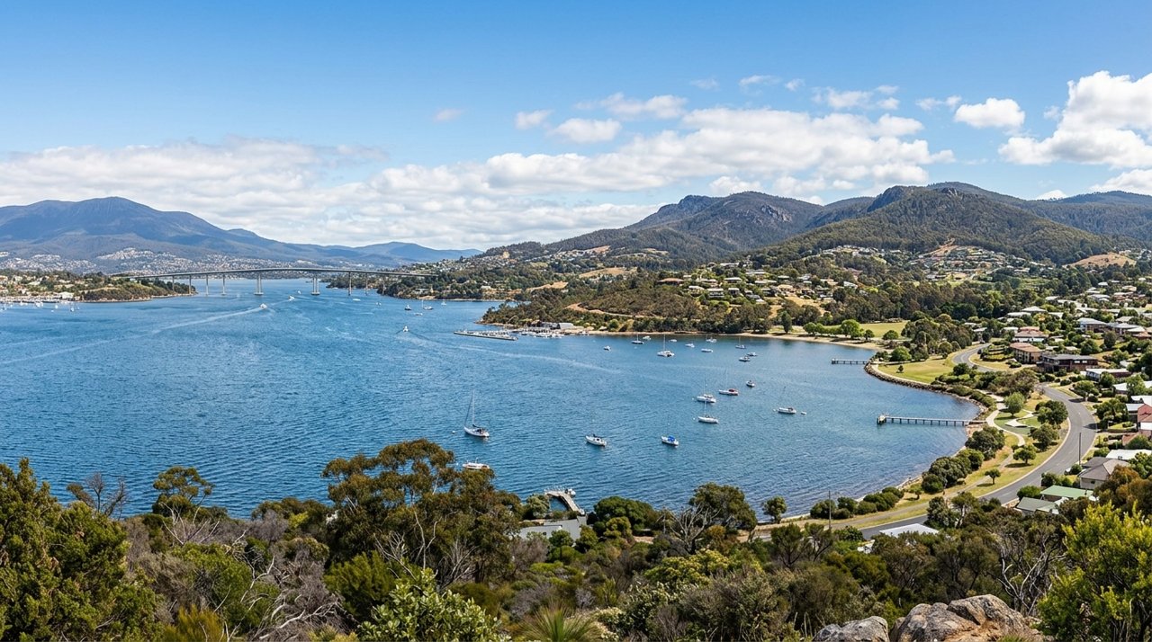 a scenic view of the River Derwent estuary and Hobart's Eastern Shore, Tasmania