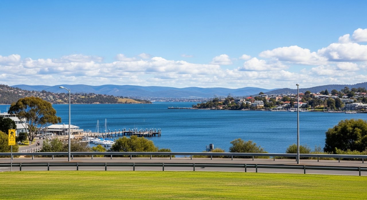 a scenic view of the River Derwent estuary and Hobart's Eastern Shore, Tasmania