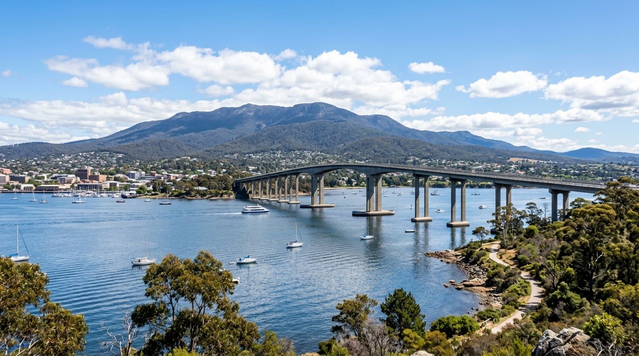 the Tasman Bridge spanning the River Derwent at Hobart on a clear day, wide shot, no people