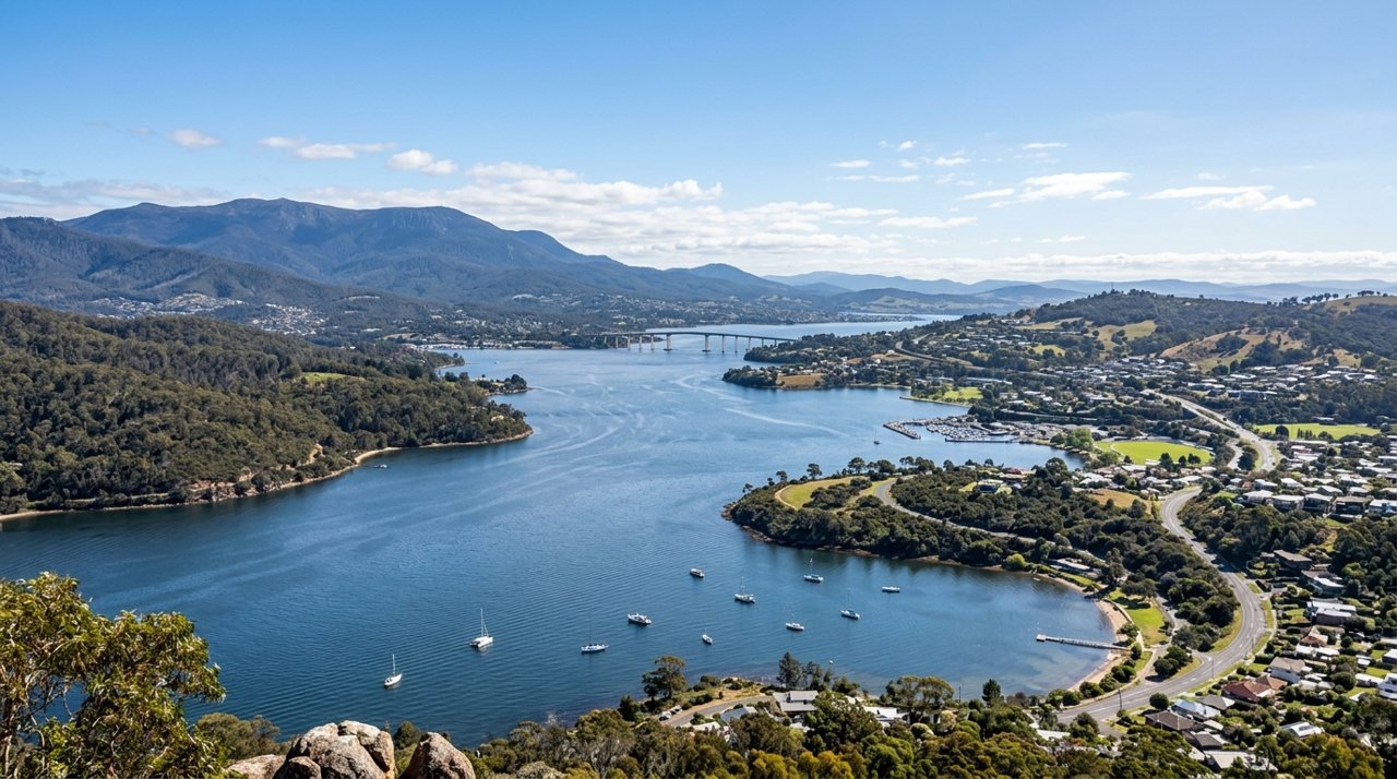 a scenic view of the River Derwent estuary and Hobart's Eastern Shore, Tasmania
