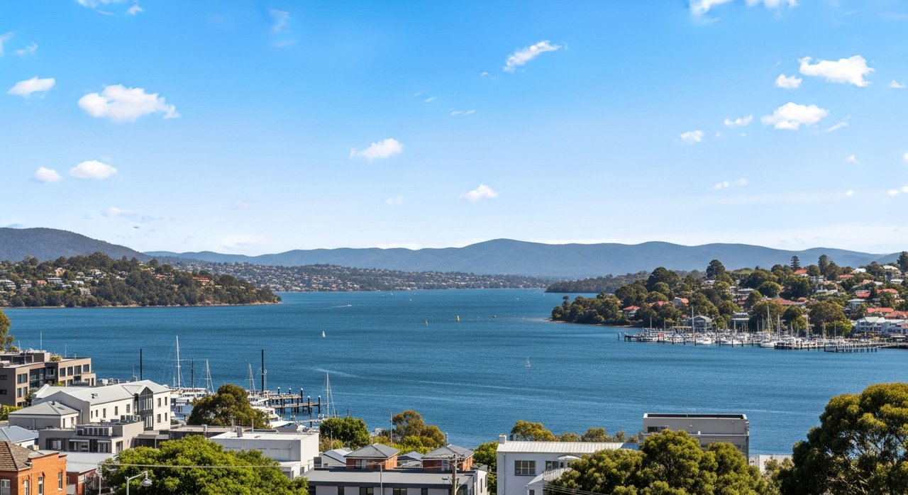 a scenic view of the River Derwent estuary and Hobart's Eastern Shore, Tasmania