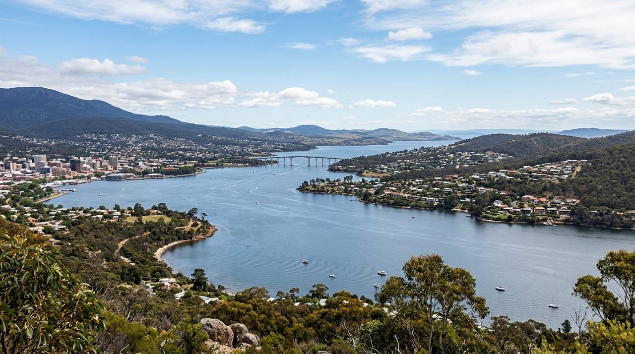a scenic view of the River Derwent estuary and Hobart's Eastern Shore, Tasmania