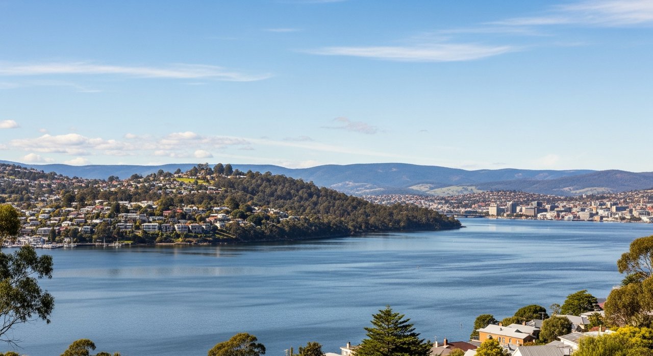 a scenic view of the River Derwent estuary and Hobart's Eastern Shore, Tasmania