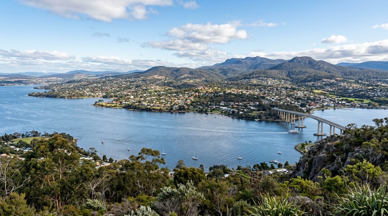 a scenic view of the River Derwent estuary and Hobart's Eastern Shore, Tasmania