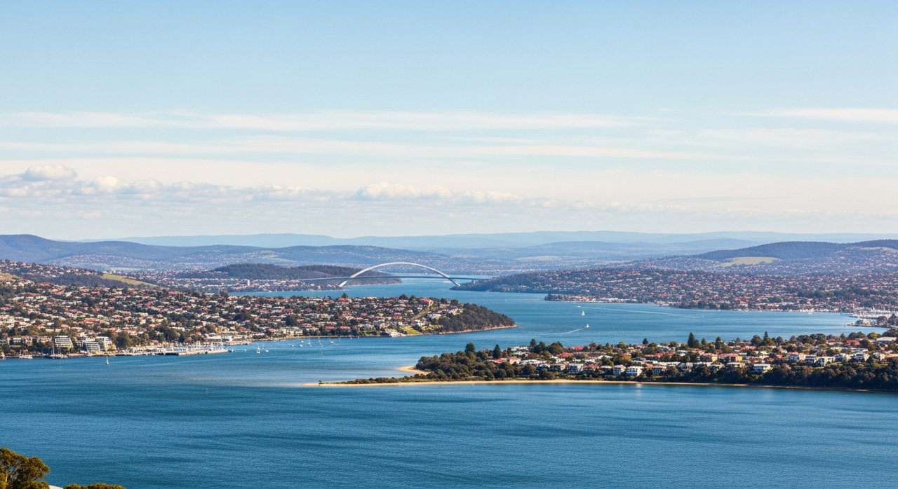 a scenic view of the River Derwent estuary and Hobart's Eastern Shore, Tasmania