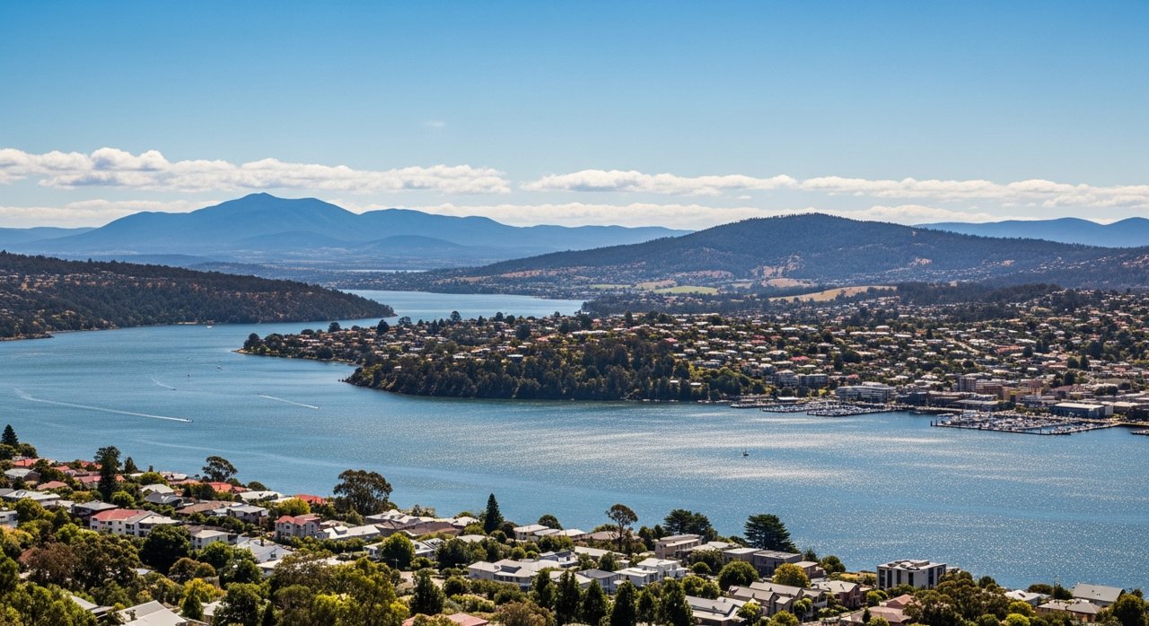 a scenic view of the River Derwent estuary and Hobart's Eastern Shore, Tasmania
