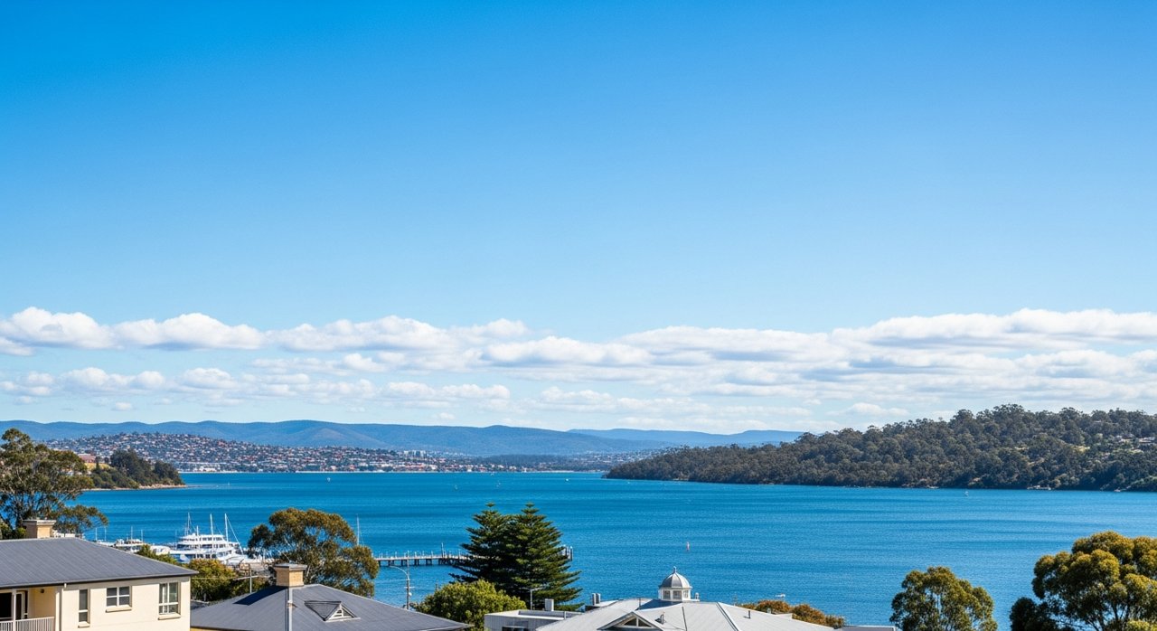 a scenic view of the River Derwent estuary and Hobart's Eastern Shore, Tasmania