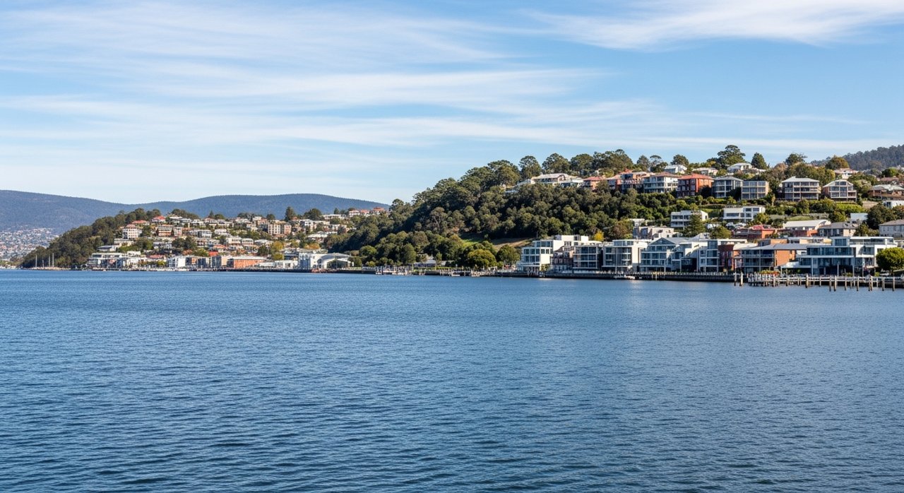 a scenic view of the River Derwent estuary and Hobart's Eastern Shore, Tasmania