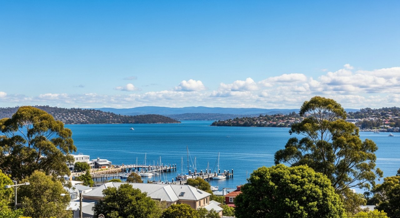 a scenic view of the River Derwent estuary and Hobart's Eastern Shore, Tasmania