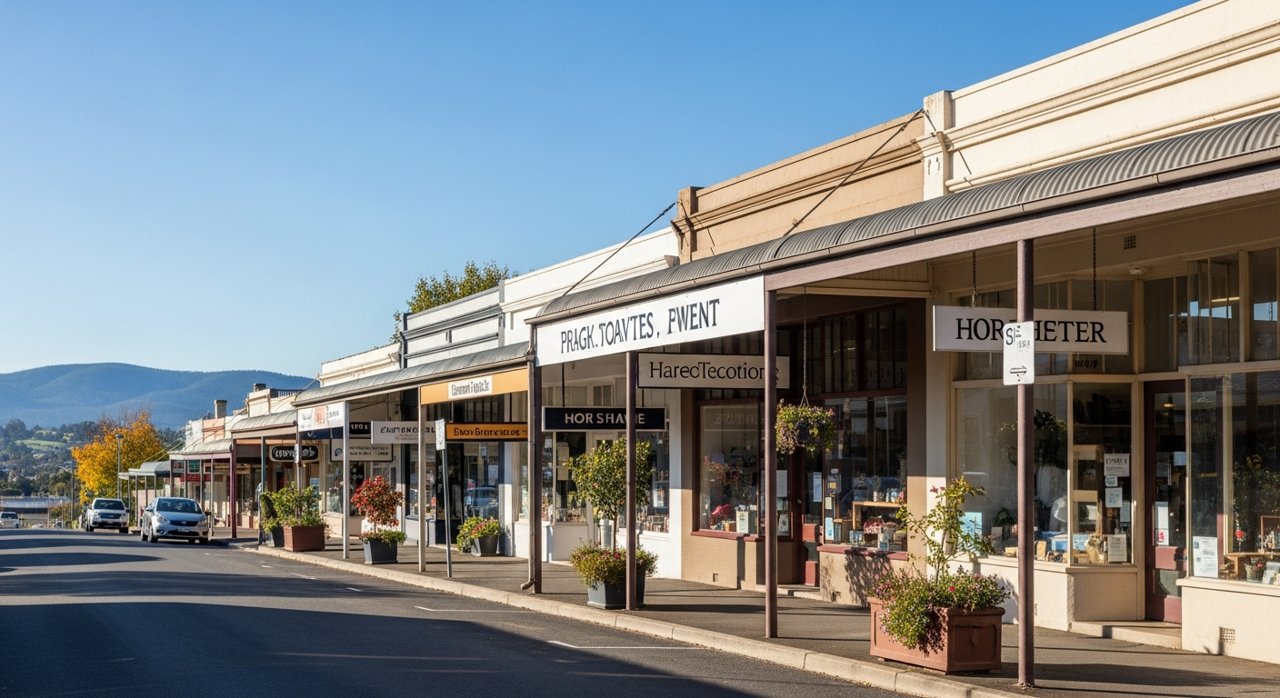 a quiet local high-street shopfront row in a Hobart Eastern Shore suburb, daytime, no identifiable people