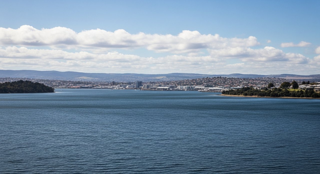 a scenic view of the River Derwent estuary and Hobart's Eastern Shore, Tasmania