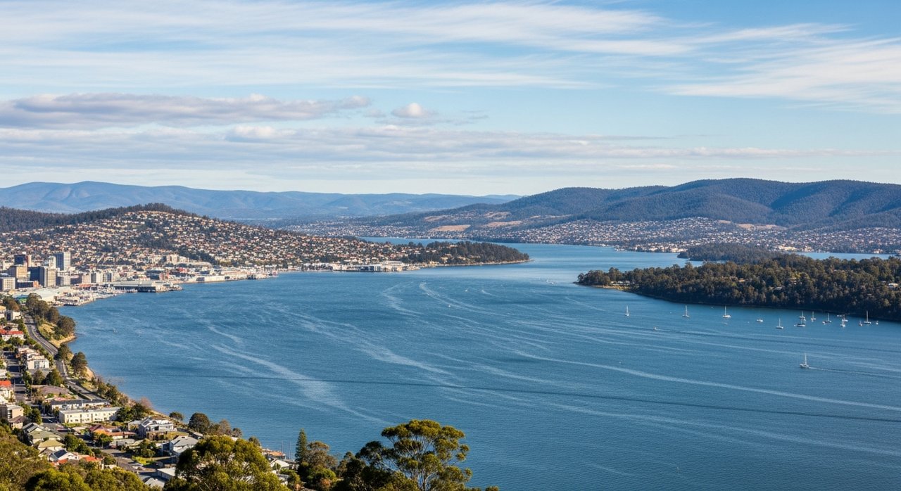 a scenic view of the River Derwent estuary and Hobart's Eastern Shore, Tasmania