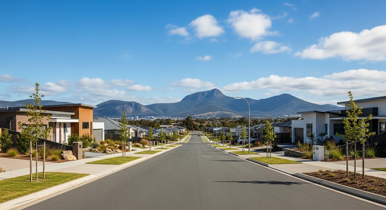 a modern Tasmanian suburban civic streetscape on Hobart's Eastern Shore, daytime, no identifiable people