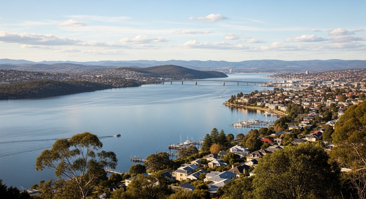 a scenic view of the River Derwent estuary and Hobart's Eastern Shore, Tasmania
