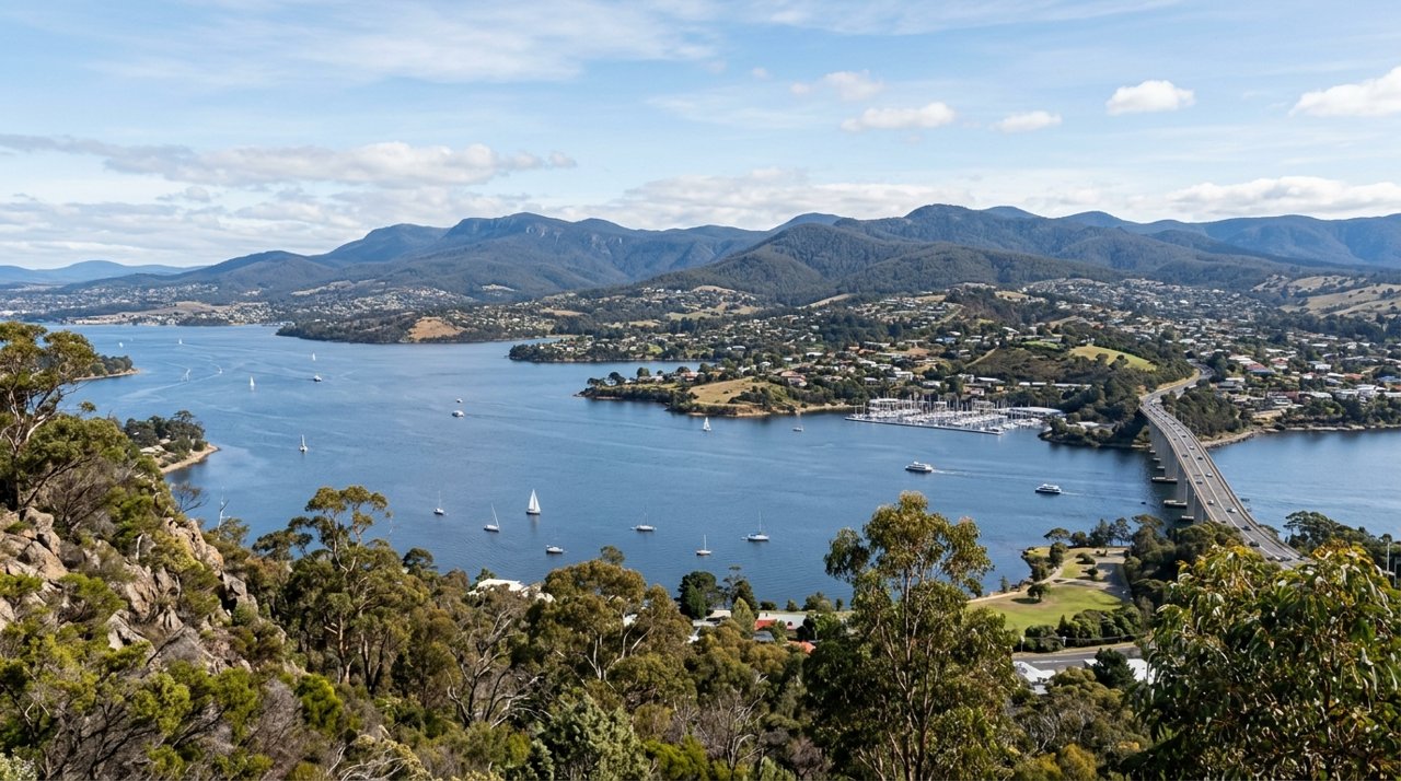 a scenic view of the River Derwent estuary and Hobart's Eastern Shore, Tasmania