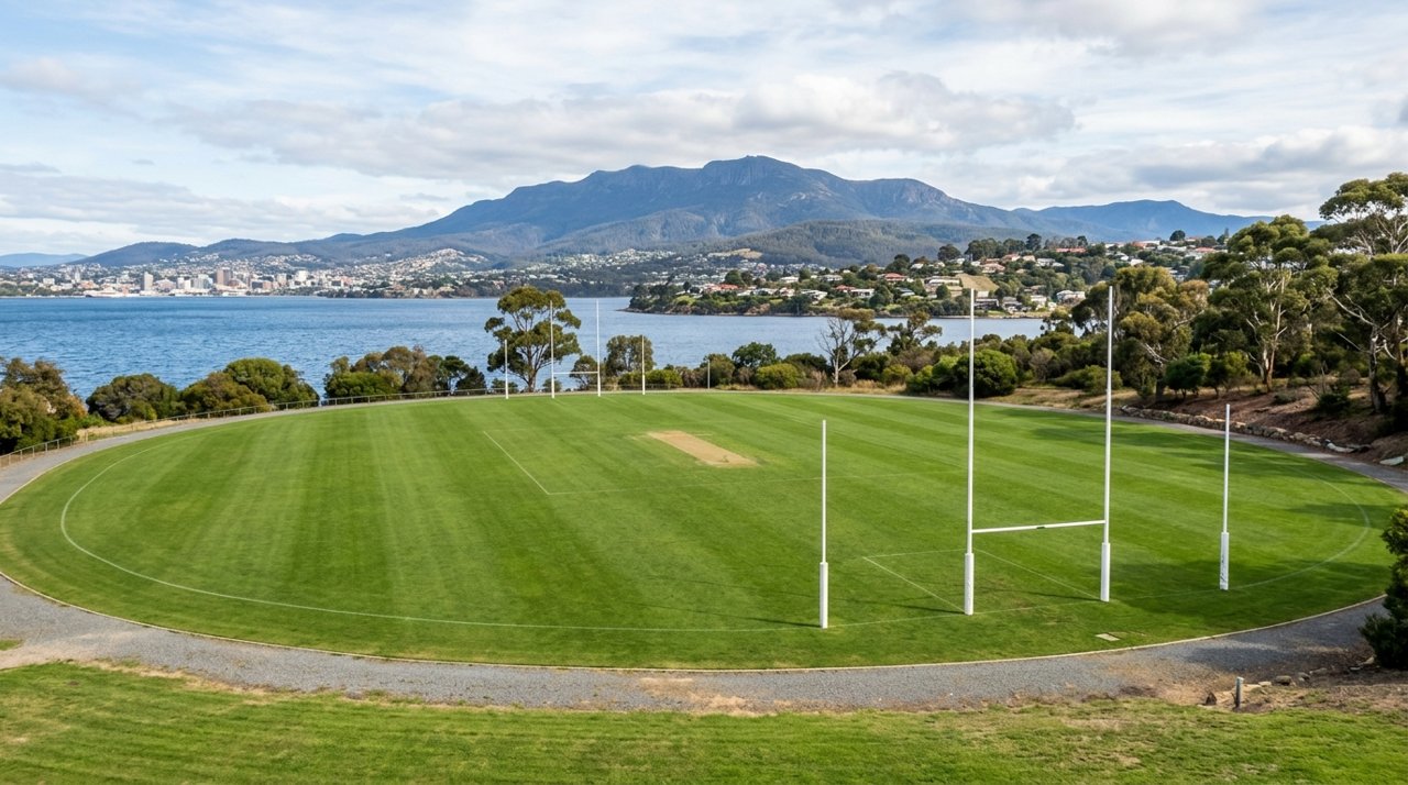 an empty community sports oval on Hobart's Eastern Shore, green grass, goalposts, daytime