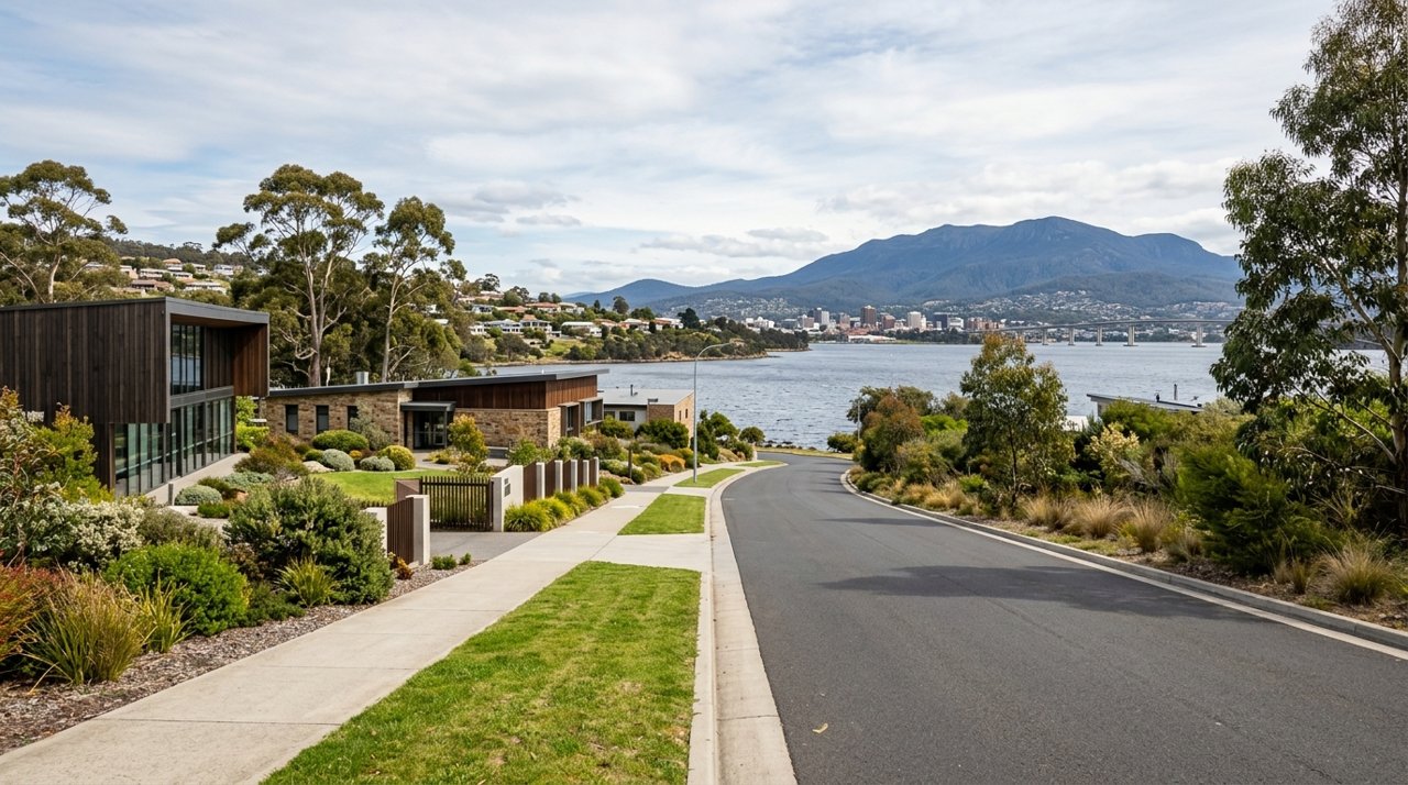 a modern Tasmanian suburban civic streetscape on Hobart's Eastern Shore, daytime, no identifiable people