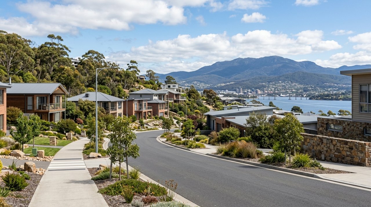 a modern Tasmanian suburban civic streetscape on Hobart's Eastern Shore, daytime, no identifiable people