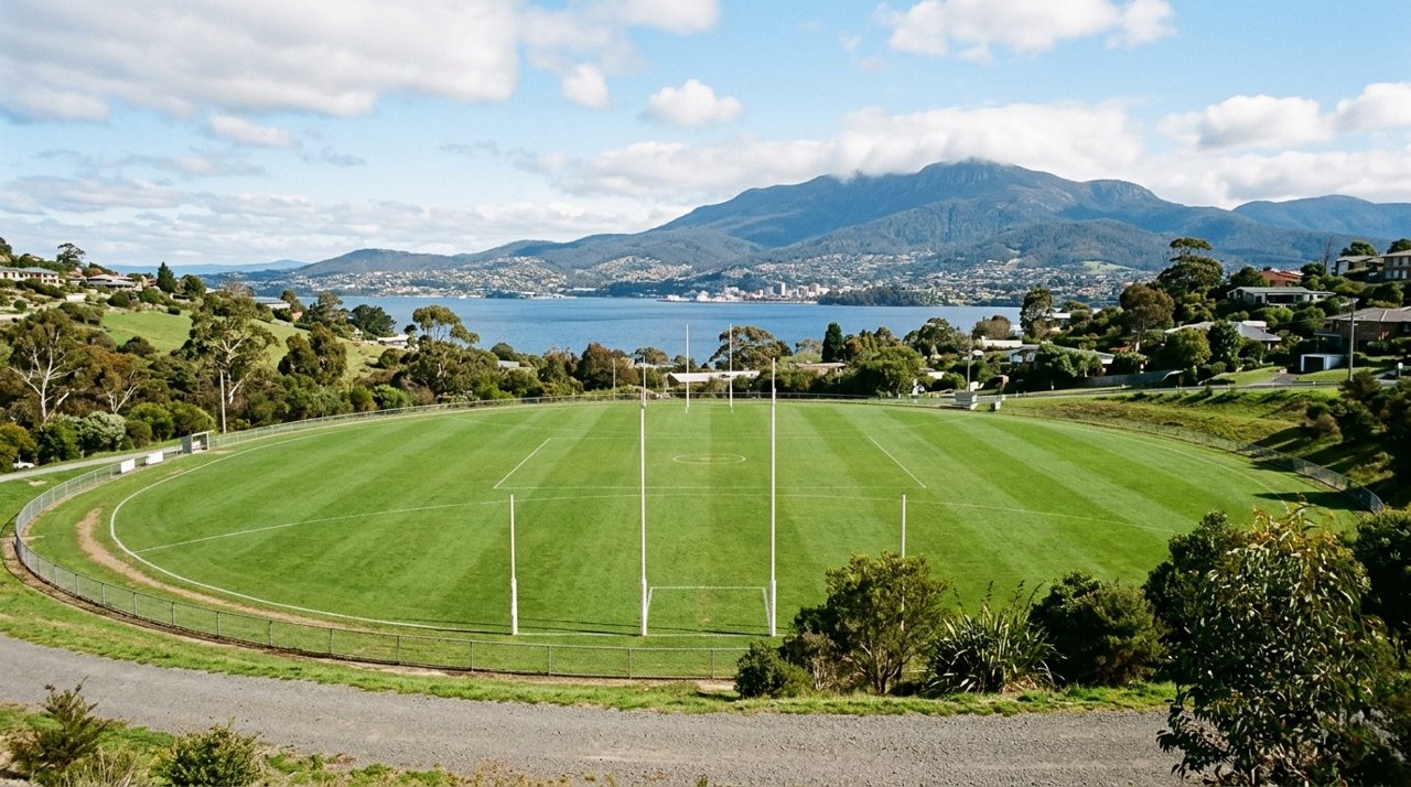 an empty community sports oval on Hobart's Eastern Shore, green grass, goalposts, daytime