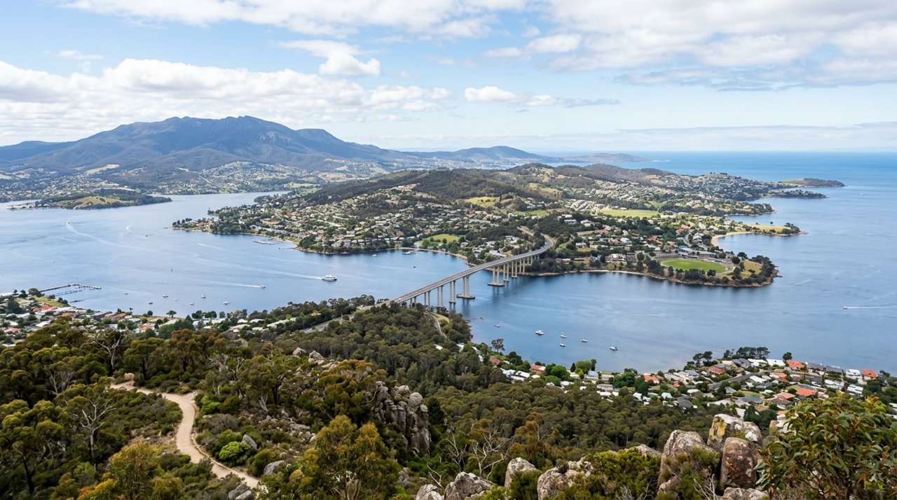 a scenic view of the River Derwent estuary and Hobart's Eastern Shore, Tasmania