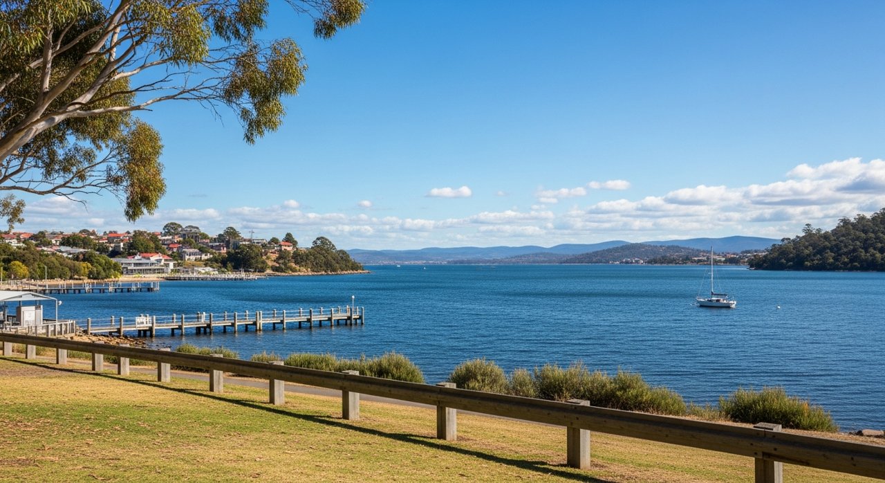 a scenic view of the River Derwent estuary and Hobart's Eastern Shore, Tasmania