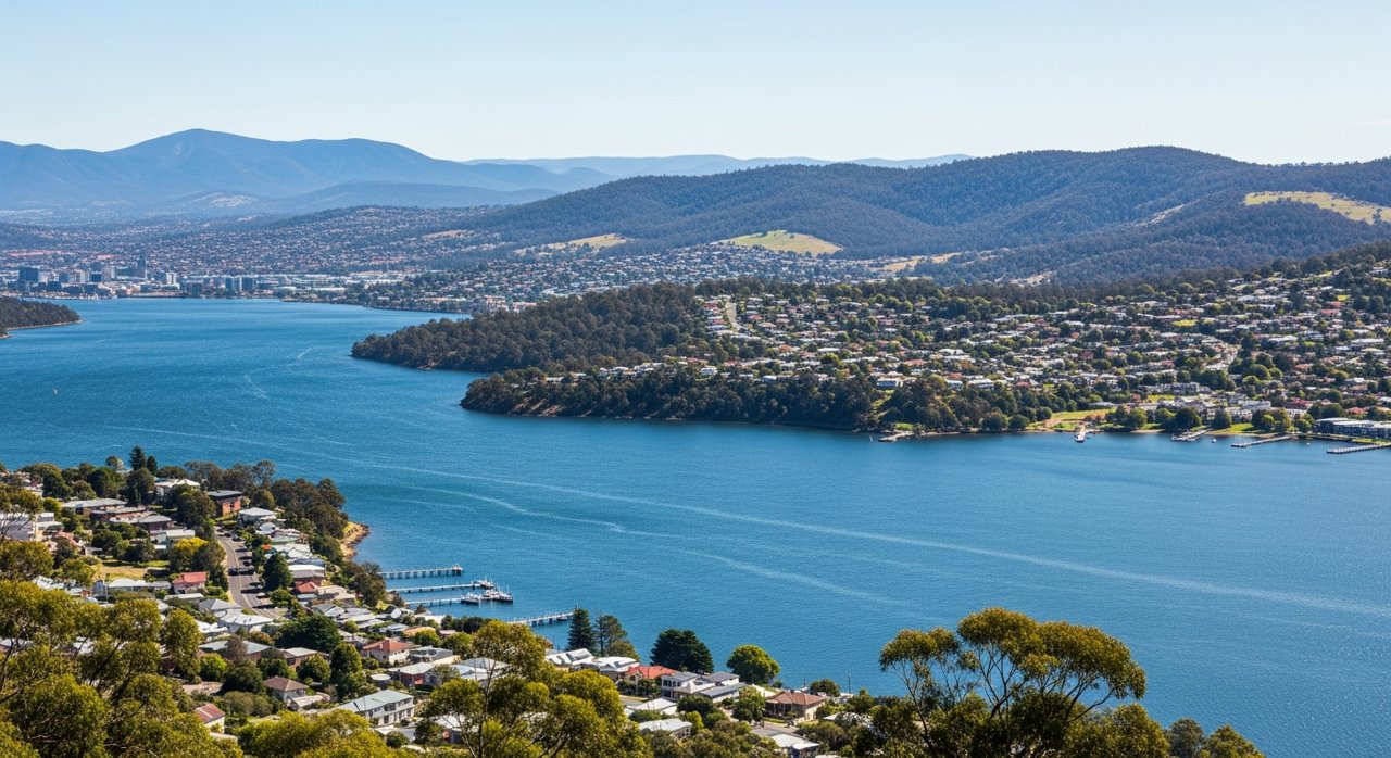 a scenic view of the River Derwent estuary and Hobart's Eastern Shore, Tasmania