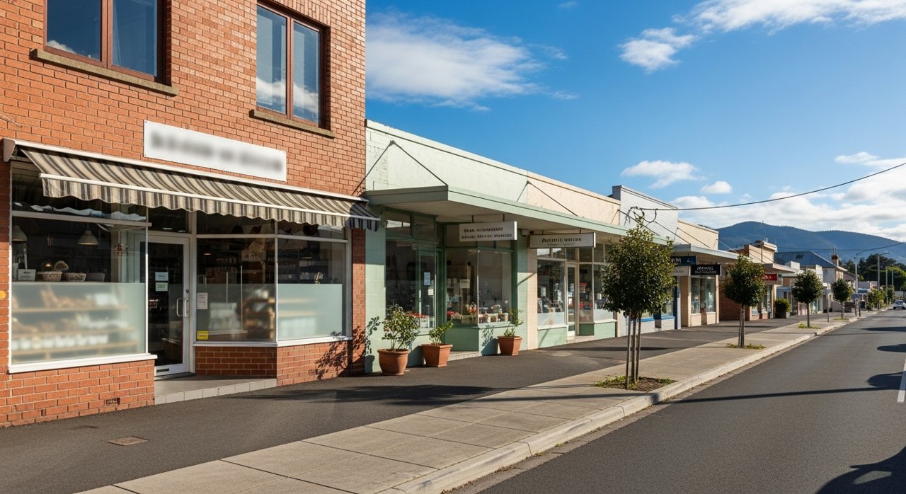 a quiet local high-street shopfront row in a Hobart Eastern Shore suburb, daytime, no identifiable people
