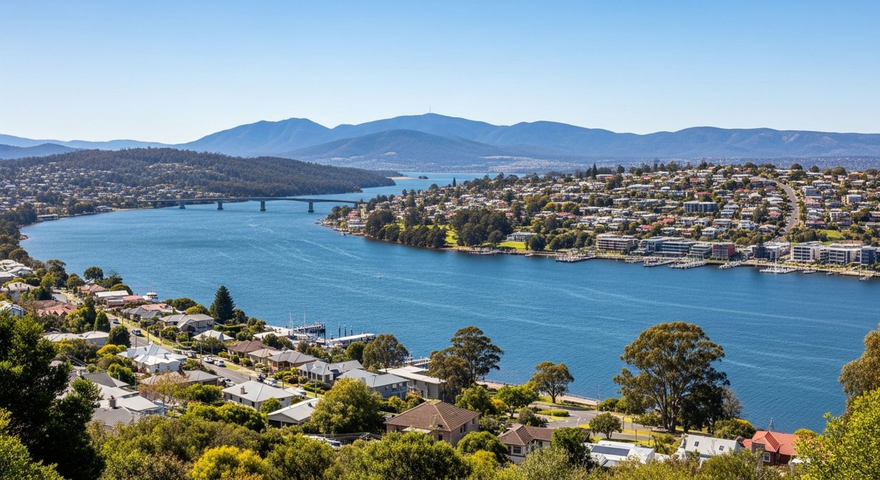 a scenic view of the River Derwent estuary and Hobart's Eastern Shore, Tasmania