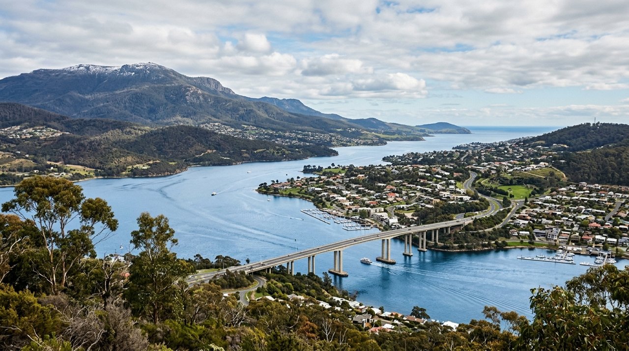 a scenic view of the River Derwent estuary and Hobart's Eastern Shore, Tasmania