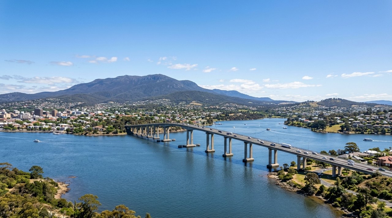 the Tasman Bridge spanning the River Derwent at Hobart on a clear day, wide shot, no people