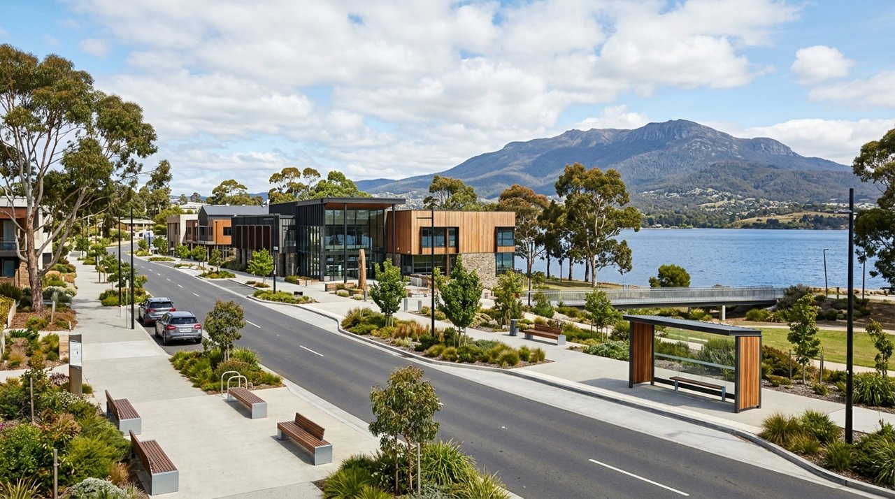 a modern Tasmanian suburban civic streetscape on Hobart's Eastern Shore, daytime, no identifiable people