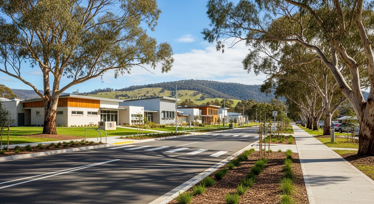 a modern Tasmanian suburban civic streetscape on Hobart's Eastern Shore, daytime, no identifiable people
