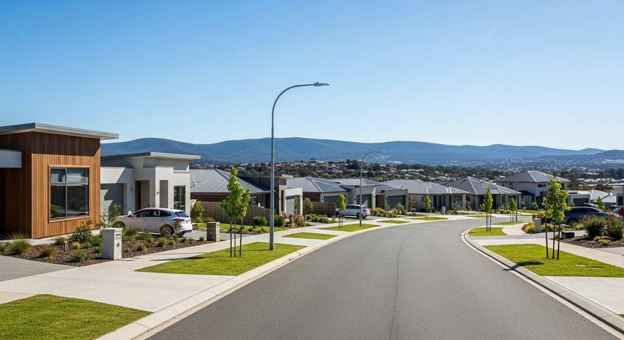 a modern Tasmanian suburban civic streetscape on Hobart's Eastern Shore, daytime, no identifiable people