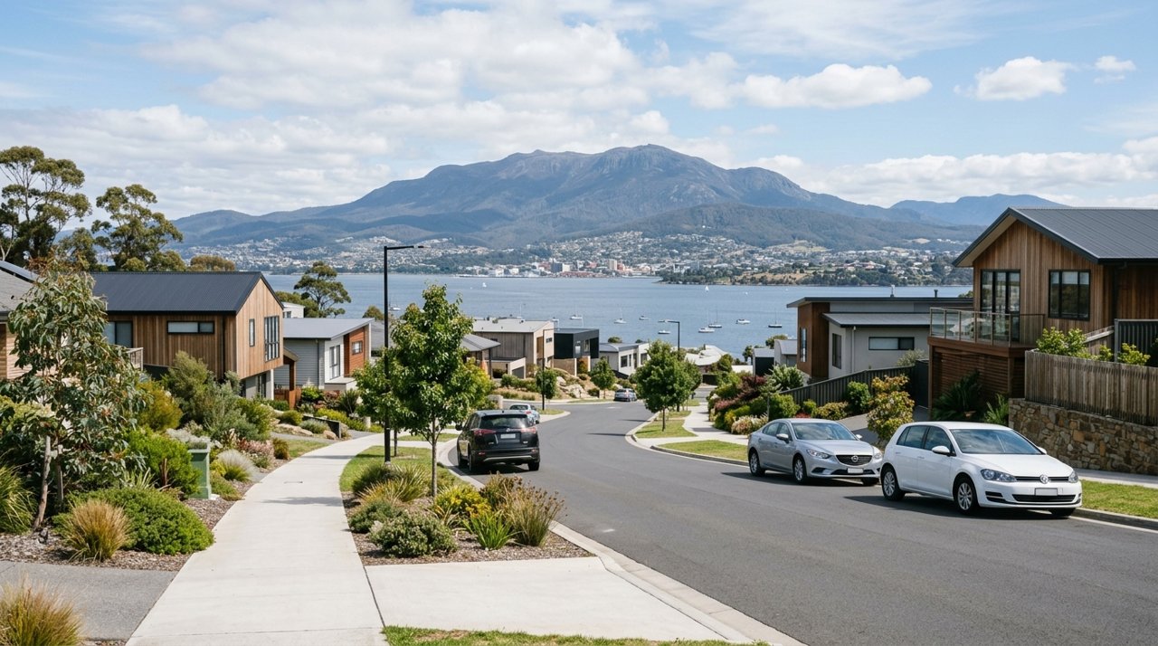 a modern Tasmanian suburban civic streetscape on Hobart's Eastern Shore, daytime, no identifiable people