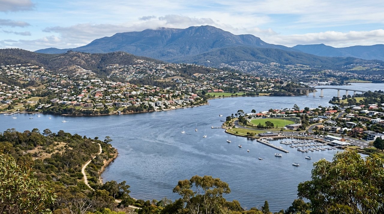 a scenic view of the River Derwent estuary and Hobart's Eastern Shore, Tasmania