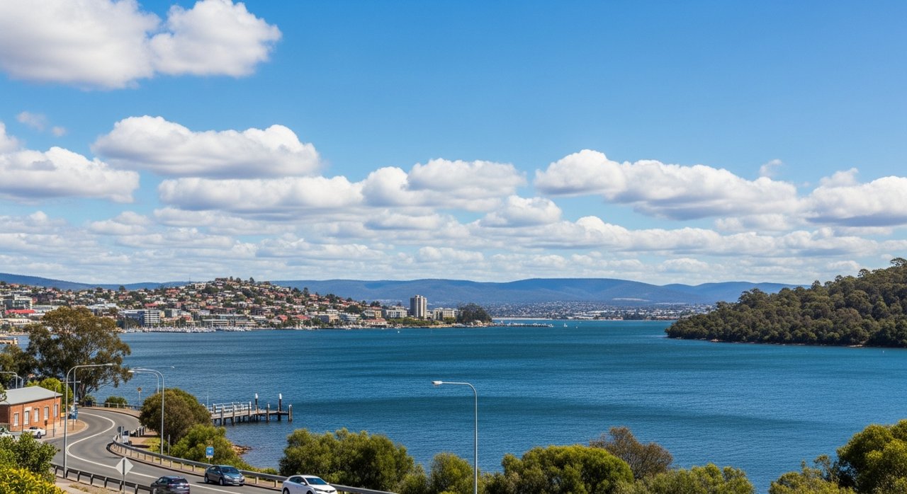 a scenic view of the River Derwent estuary and Hobart's Eastern Shore, Tasmania