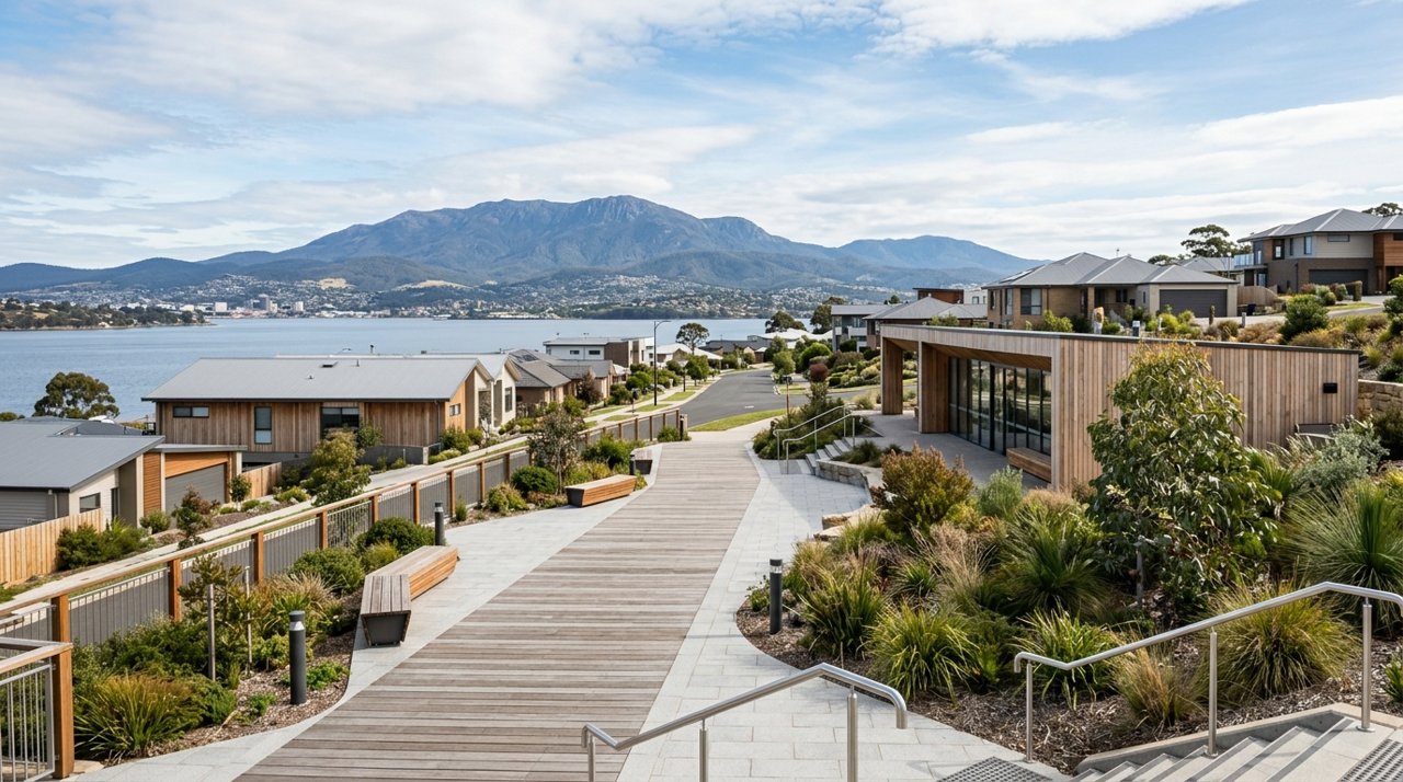 a modern Tasmanian suburban civic streetscape on Hobart's Eastern Shore, daytime, no identifiable people