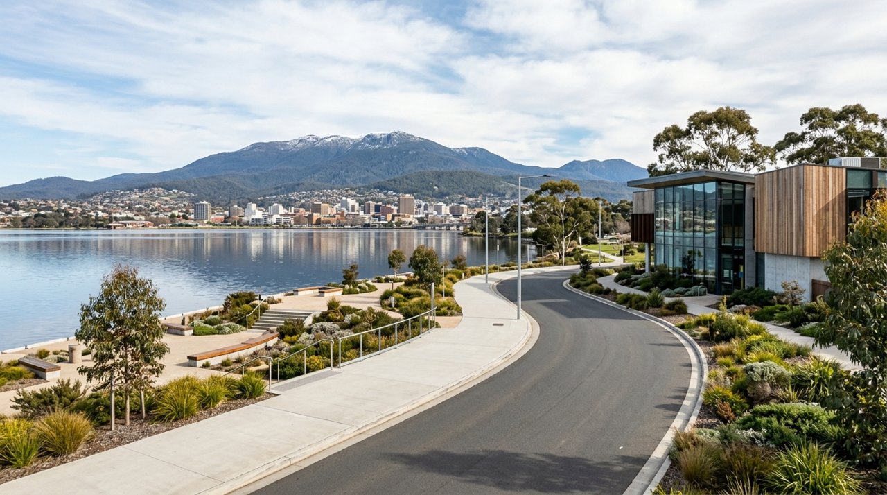 a modern Tasmanian suburban civic streetscape on Hobart's Eastern Shore, daytime, no identifiable people