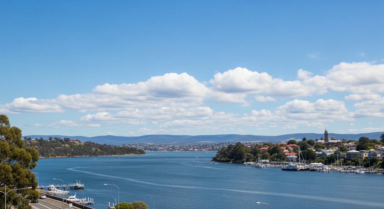 a scenic view of the River Derwent estuary and Hobart's Eastern Shore, Tasmania