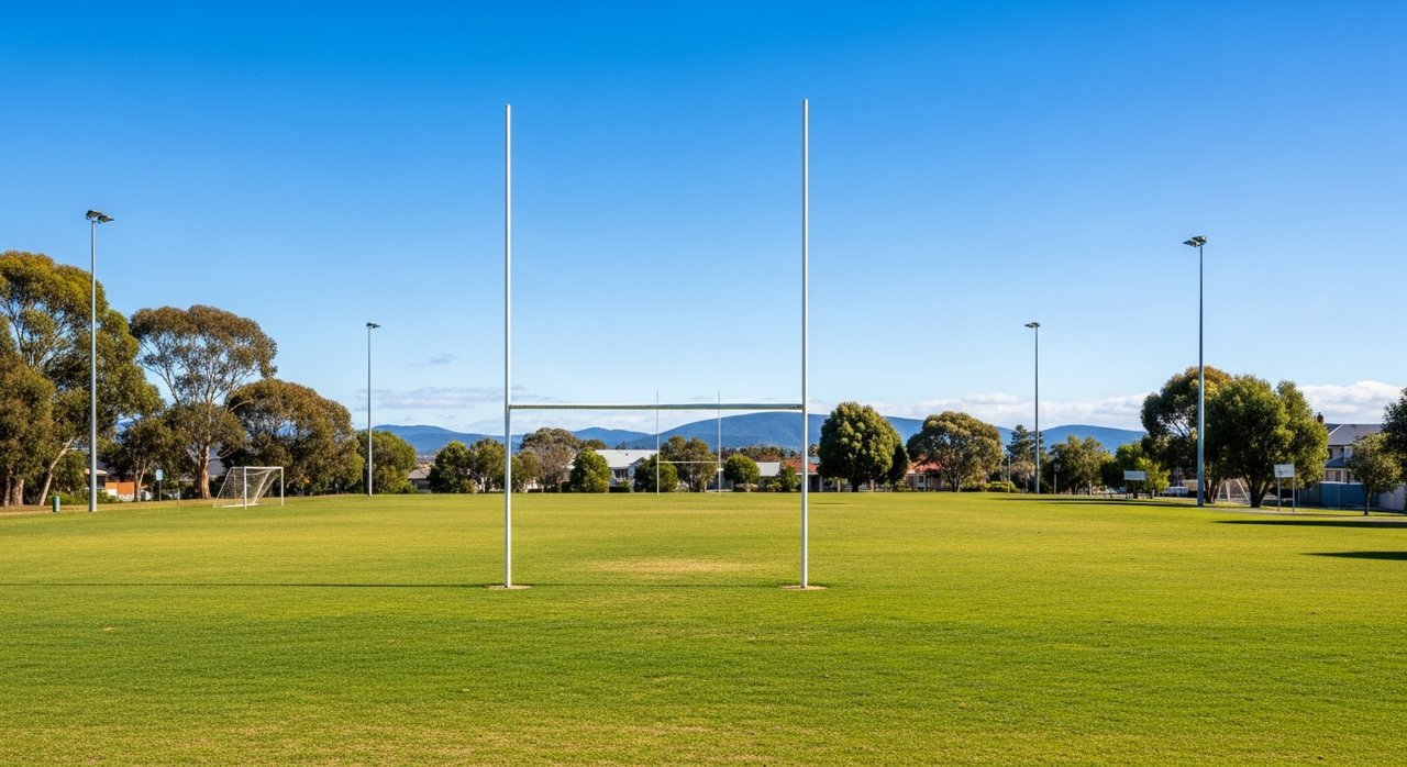 an empty community sports oval on Hobart's Eastern Shore, green grass, goalposts, daytime