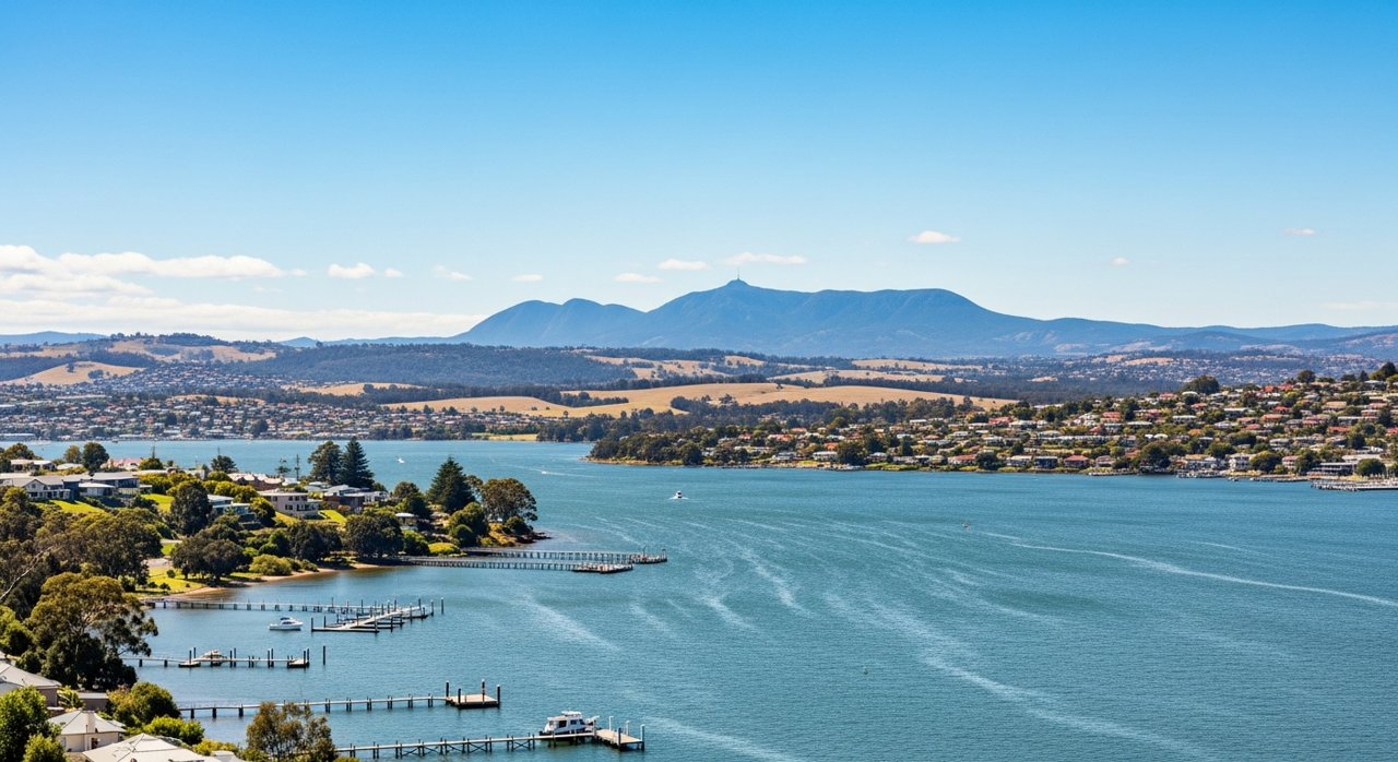 a scenic view of the River Derwent estuary and Hobart's Eastern Shore, Tasmania