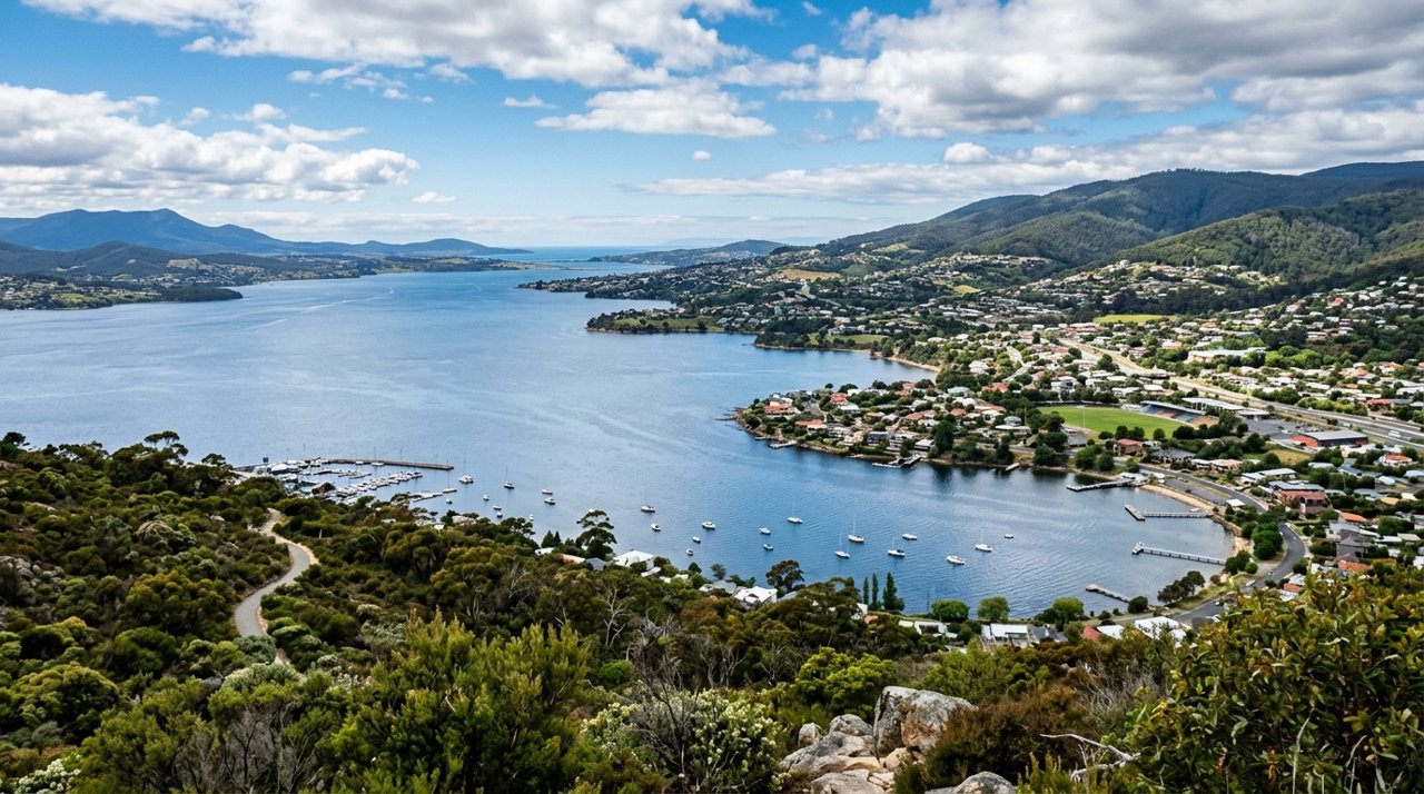 a scenic view of the River Derwent estuary and Hobart's Eastern Shore, Tasmania