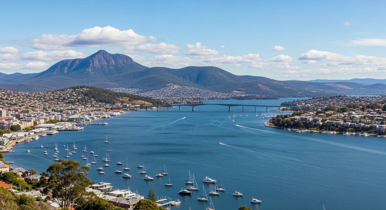 a scenic view of the River Derwent estuary and Hobart's Eastern Shore, Tasmania