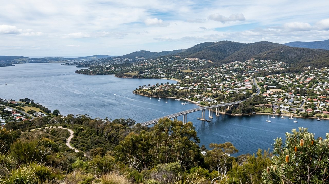 a scenic view of the River Derwent estuary and Hobart's Eastern Shore, Tasmania
