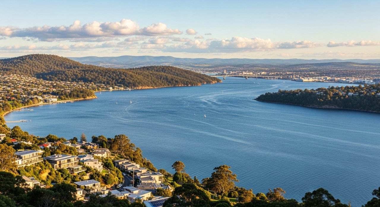 a scenic view of the River Derwent estuary and Hobart's Eastern Shore, Tasmania