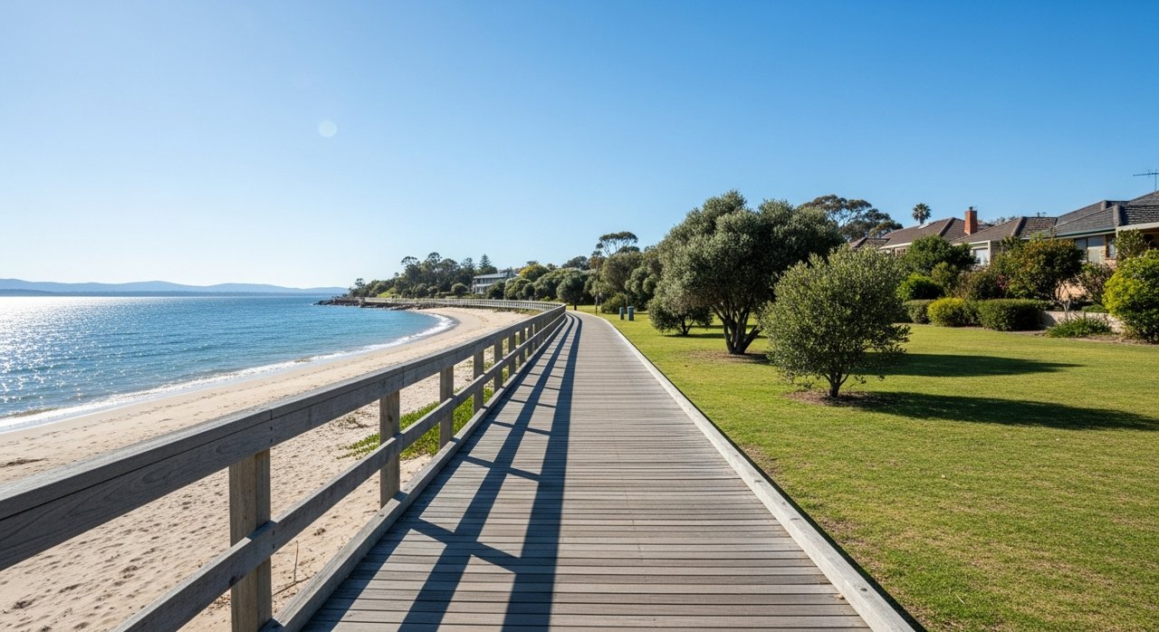 the Bellerive Beach foreshore boardwalk on Hobart's Eastern Shore on a sunny day